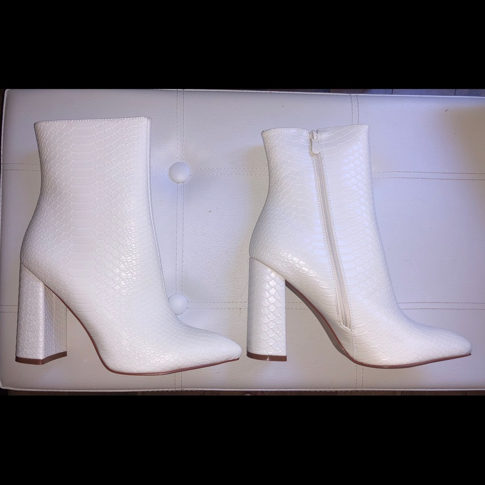 White Snake Skin Heel Booties